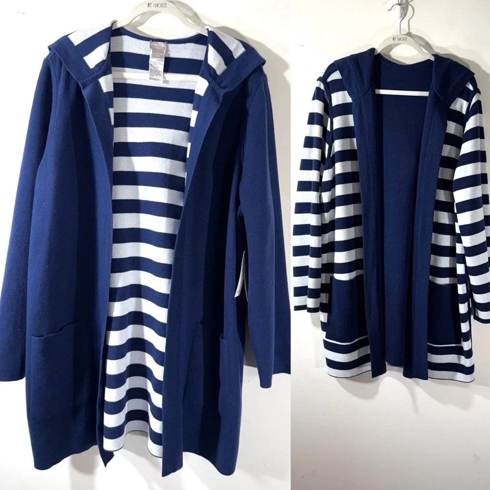 Chico’s Zenergy Reversible Navy White Stripe Cardigan Sweater NWT - Picture 4 of 14